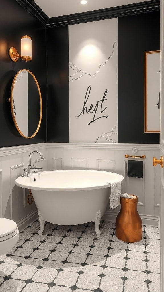 A transitional black and white bathroom featuring a freestanding tub, brass accents, and patterned tiles.
