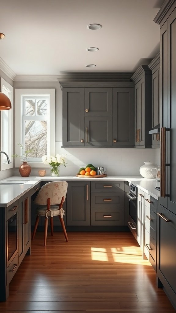 A modern transitional kitchen with dark cabinetry, light countertops, and a sunny window.
