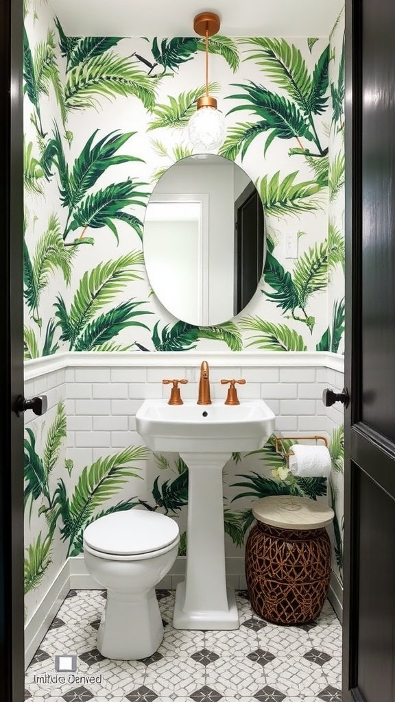 Transitional powder room featuring palm wallpaper, cement tiles, and stylish fixtures.