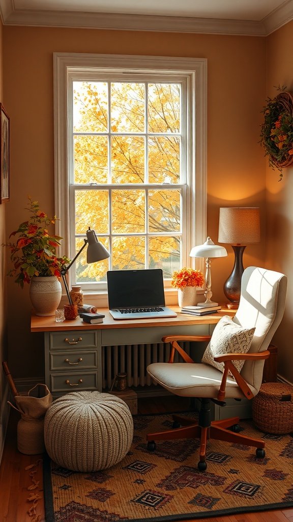A cozy home office featuring a desk by a window with autumn leaves outside, a laptop, warm lighting, and decorative elements.