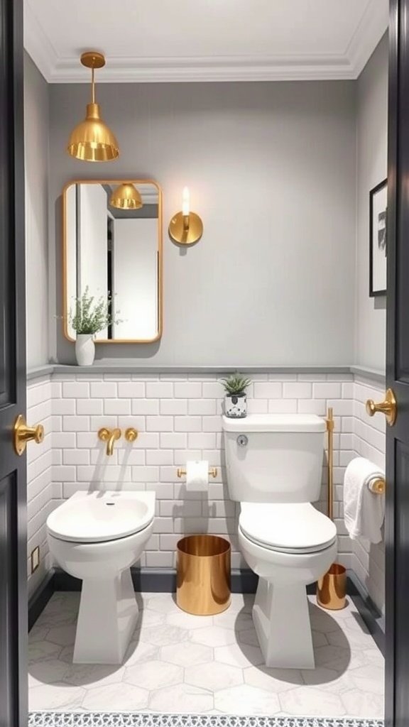 Transitional very small bathroom with gold accessories and elegant fixtures