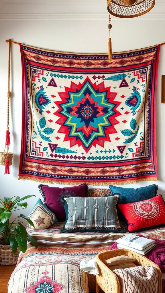 A vibrant tribal pattern tapestry hanging on a wall, surrounded by colorful cushions and a cozy seating area.
