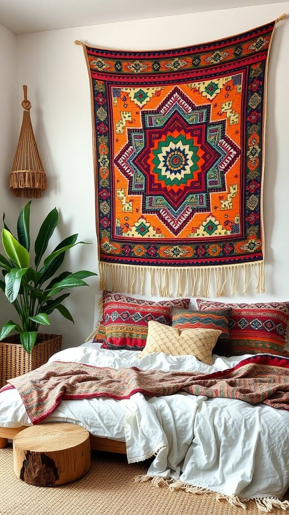 A boho style bedroom with a tribal tapestry, textured bedding, and natural elements.