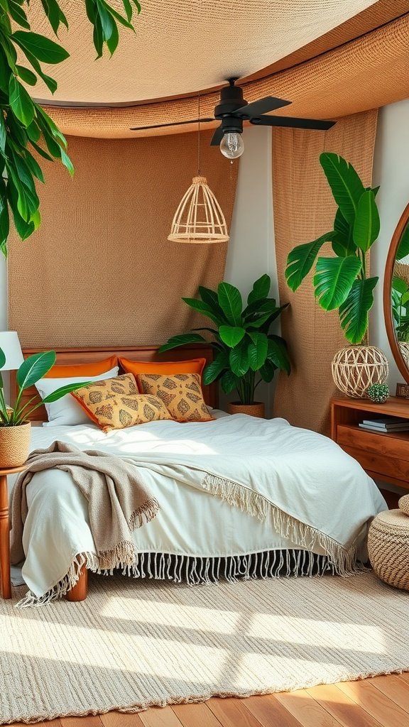 A cozy tropical boho bedroom with wooden furniture, lush green plants, and soft, fringed bedding.