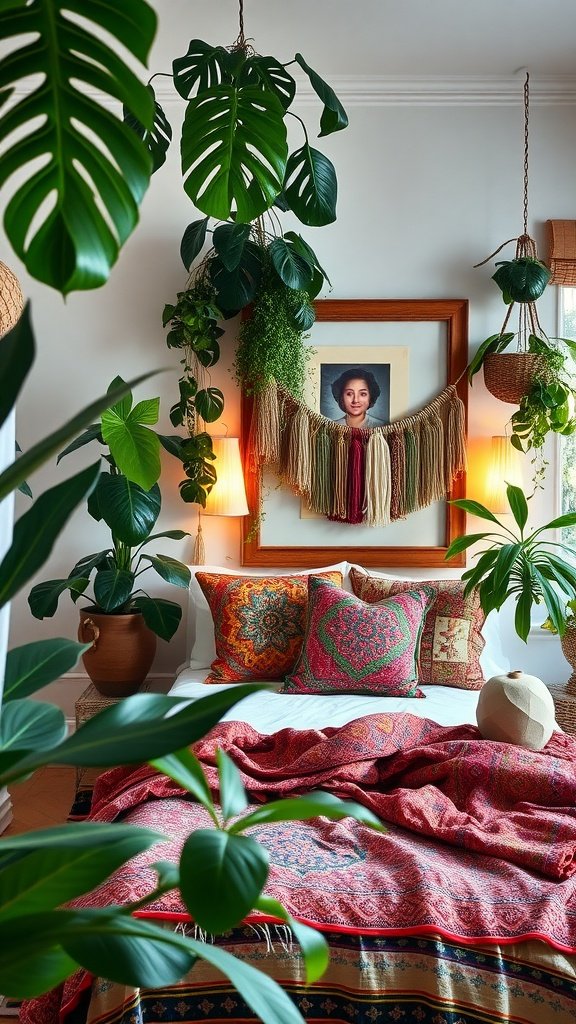 A cozy boho bedroom with tropical plants, colorful textiles, and warm lighting.