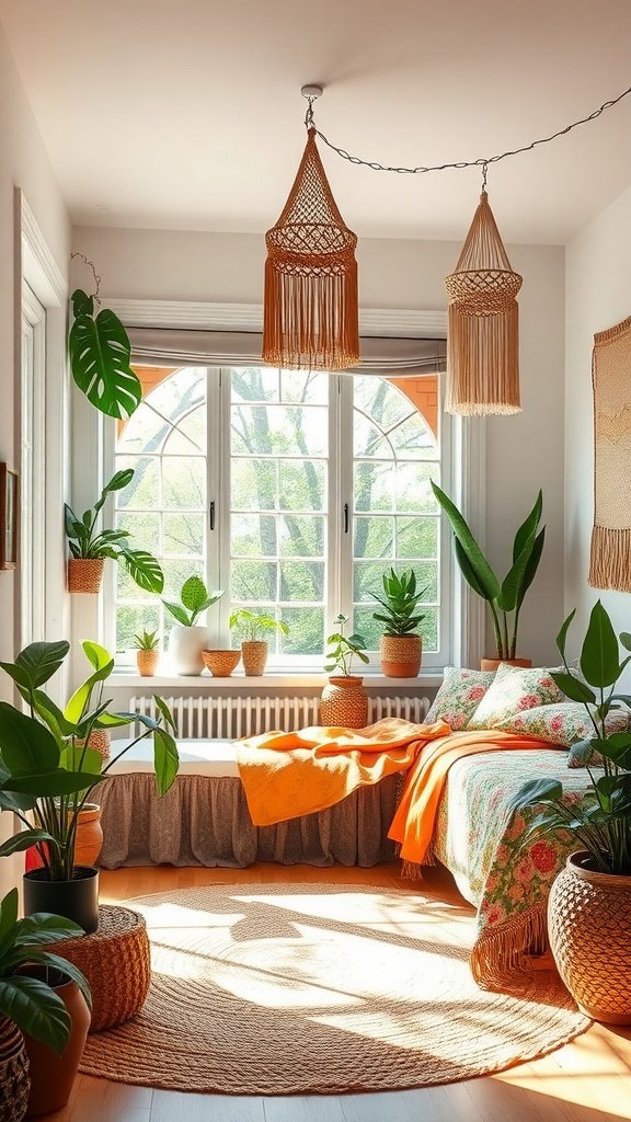 Bright boho bedroom with plants, colorful beddings, and unique light fixtures