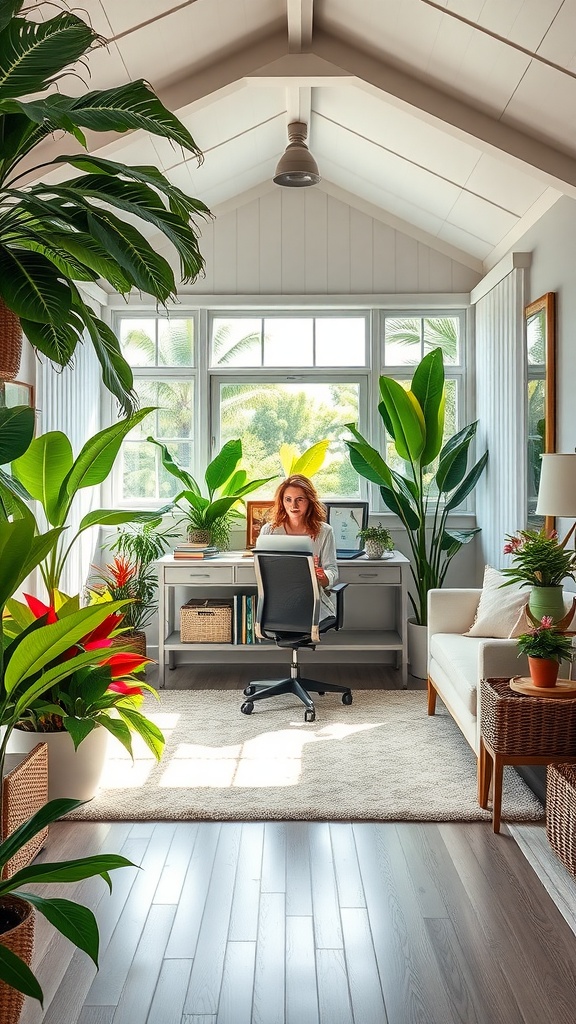 A bright and vibrant home office with lush plants and a cozy desk space