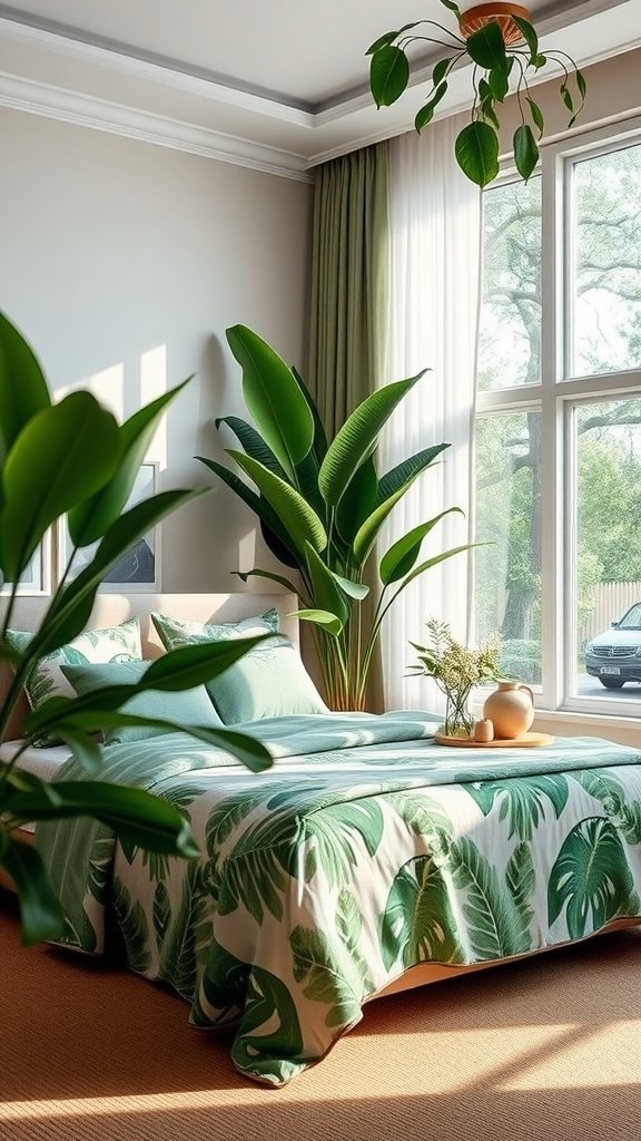 A stylish master bedroom featuring a bed with tropical patterned bedding, large plants, and bright natural light.