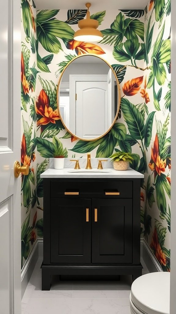 Small bathroom with tropical wallpaper, black vanity, and marble countertop