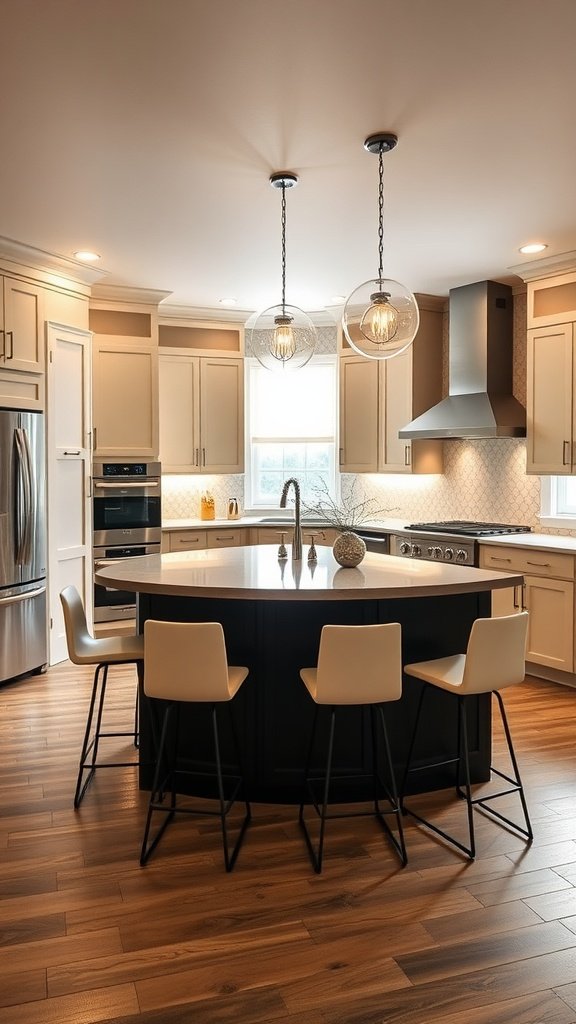 A modern U-shaped kitchen peninsula with bar stools, featuring elegant lighting and stylish cabinetry.