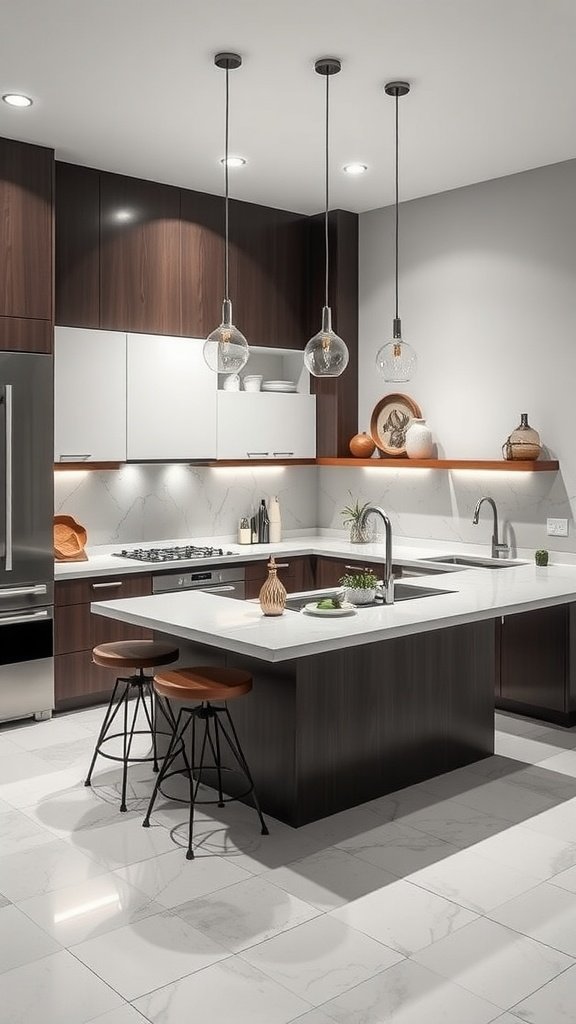 A modern kitchen featuring an angled peninsula with dark wood cabinets, light countertops, and pendant lighting.