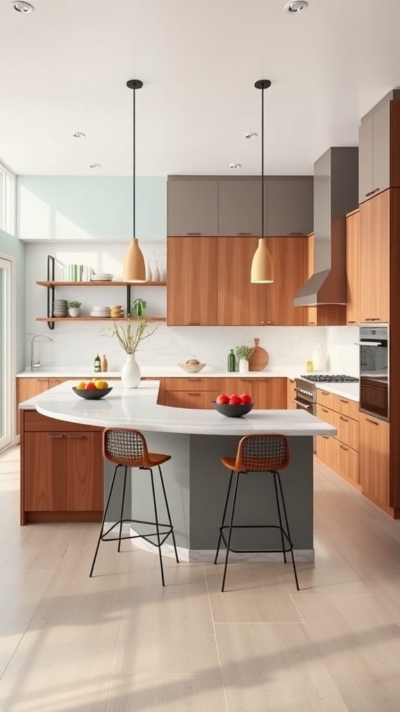 L-shaped kitchen peninsula with wooden cabinets and white countertop