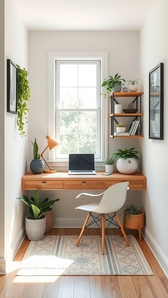 A compact home office nook with a wooden desk, laptop, plants, and a window