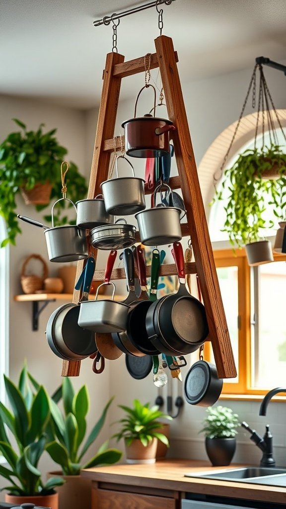 A wooden ladder turned into a hanging pot rack, displaying various pots and pans in a kitchen setting.