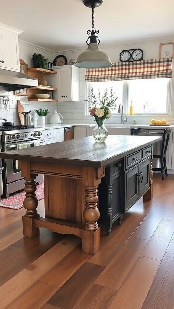 A beautifully converted antique table serving as a kitchen island in a modern kitchen setting.