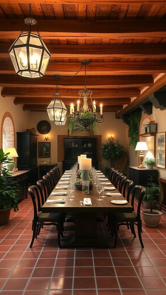 A rustic Italian dining room featuring a long wooden table set for a meal, surrounded by elegant chairs, with wooden beams and warm lighting.
