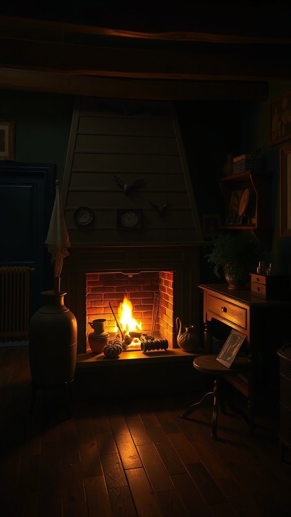 A cozy room with a brick fireplace and warm light, showcasing dark cottagecore decor.