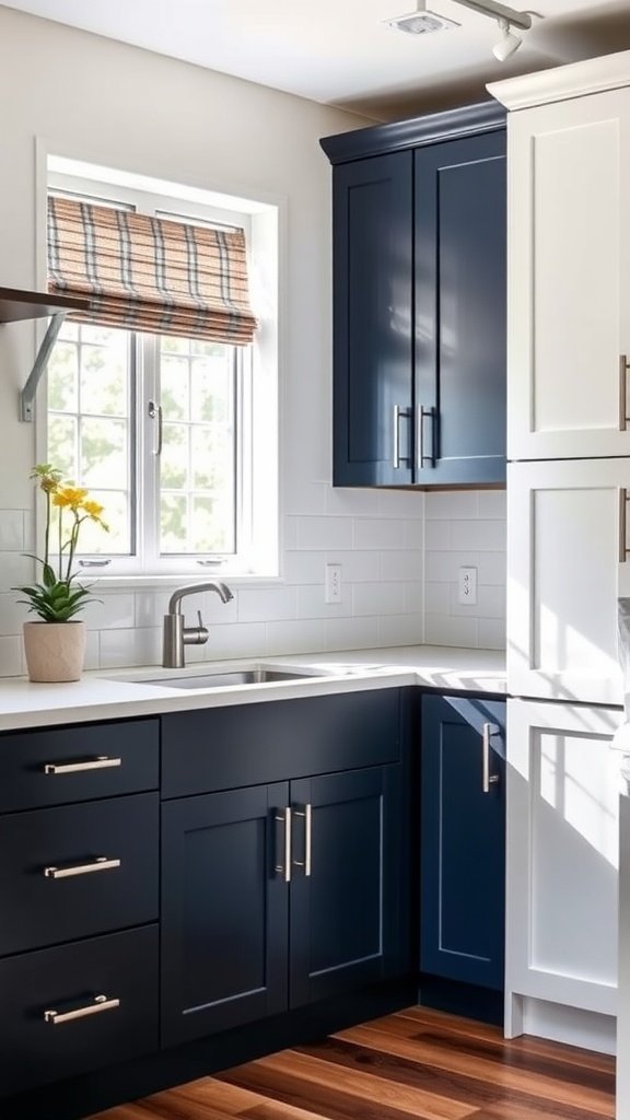 A kitchen with navy blue and white two-tone cabinets, showcasing a modern design.