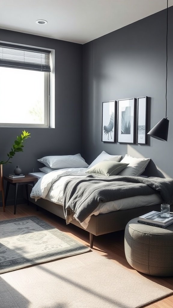 Stylish bedroom featuring two-tone gray walls, cozy bedding, and minimalist decor.