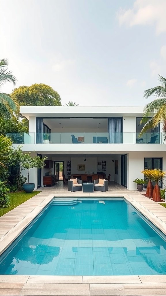 U-shaped house with a pool surrounded by palm trees and outdoor seating