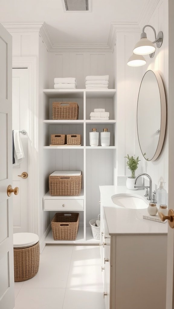 A small, well-organized bathroom featuring open shelves with towels and baskets, a round mirror, and a bright, minimalistic design.