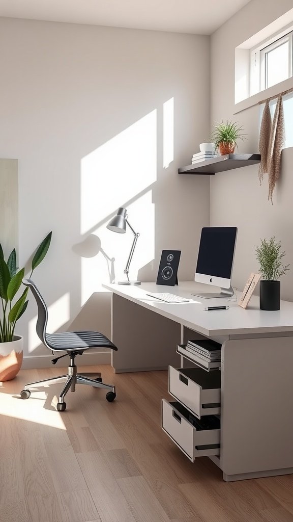 Minimalist home office with under-desk drawers and natural light