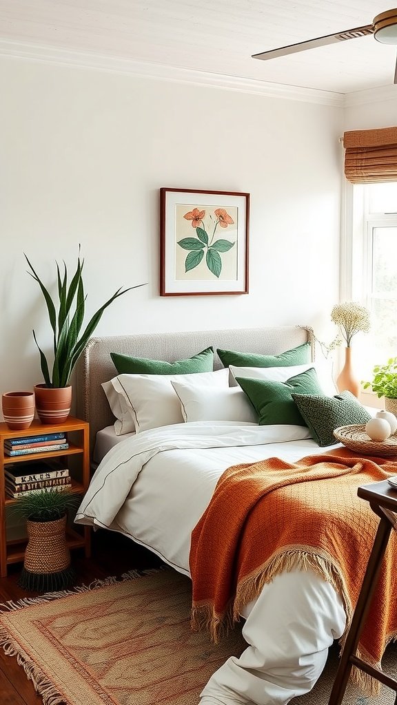 A cozy bedroom featuring green and terracotta decor, with a bed dressed in white linens, green pillows, and a terracotta throw.