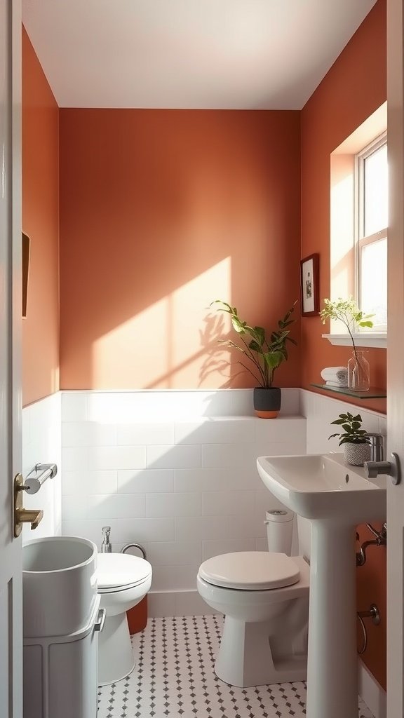 A small bathroom featuring warm brown walls, white tiles, and natural sunlight illuminating the space.