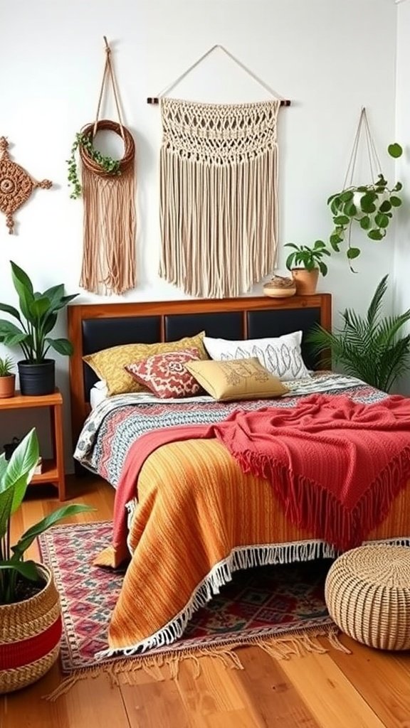 A cozy Boho bedroom with vibrant bedding, macrame wall hangings, and plants.