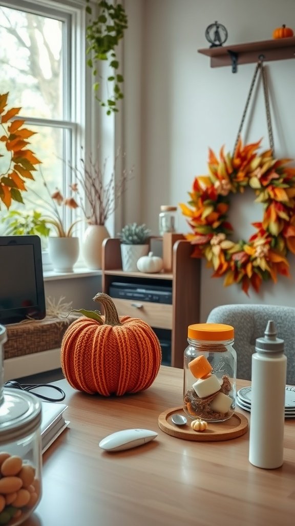 Cozy fall home office with knitted pumpkin, decorative jar, and autumn-themed decor.