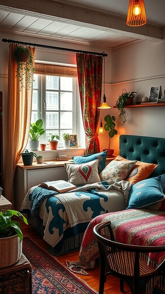 An urban boho chic bedroom with colorful curtains, plants, and a cozy bed.