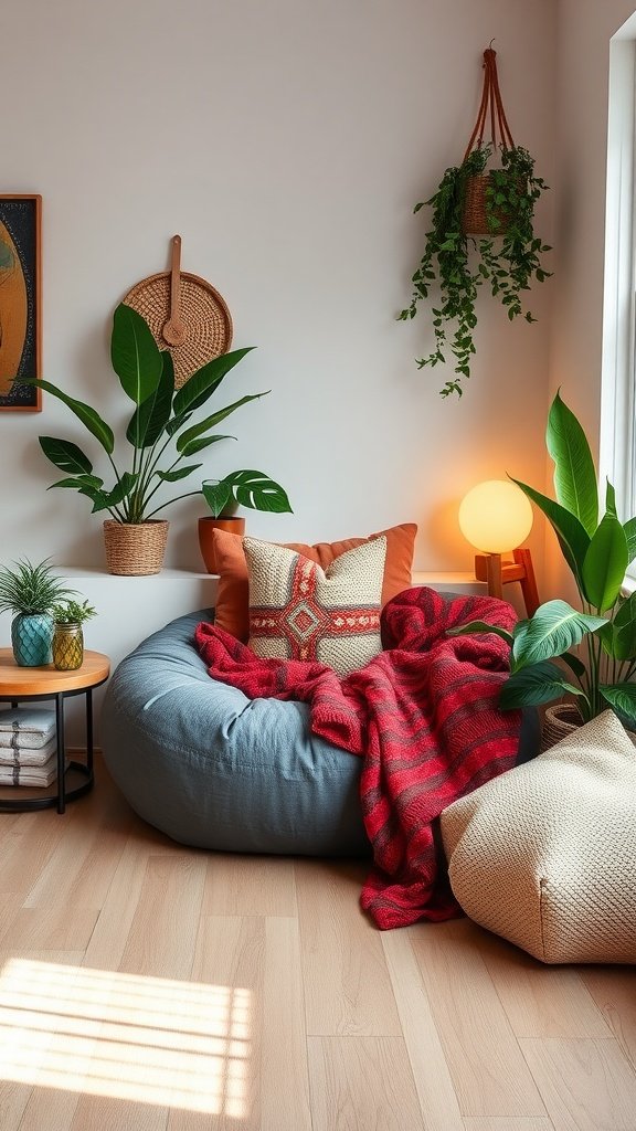 A cozy urban boho nook featuring a large bean bag, vibrant pillows, plants, and warm lighting.