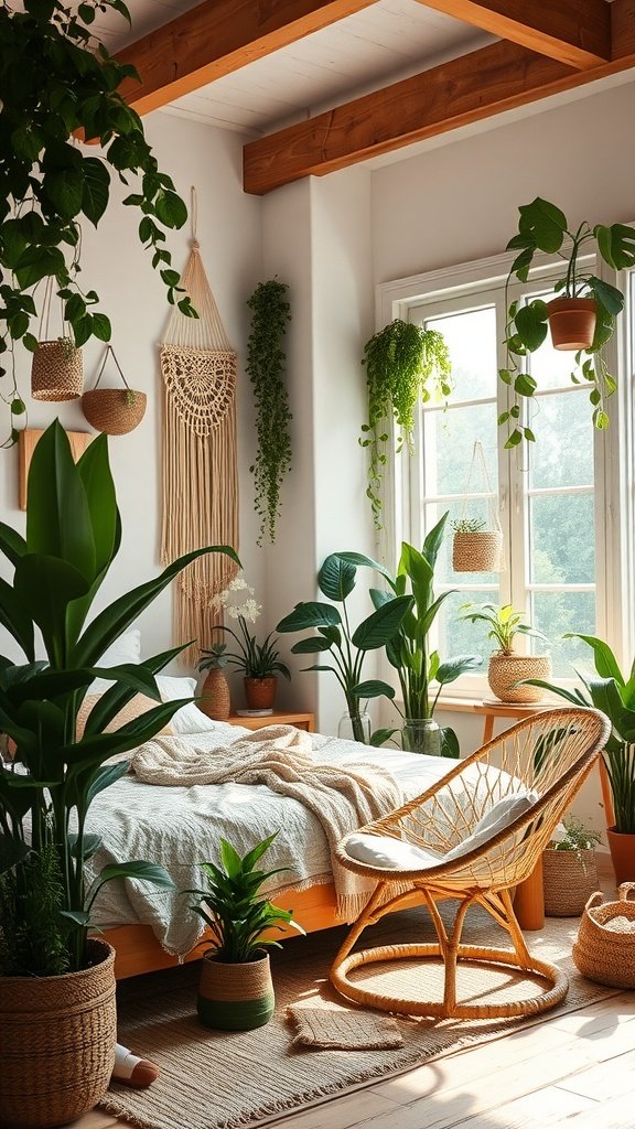 A cozy bedroom filled with plants, featuring a bed with neutral linens, a rattan chair, and wooden beams.