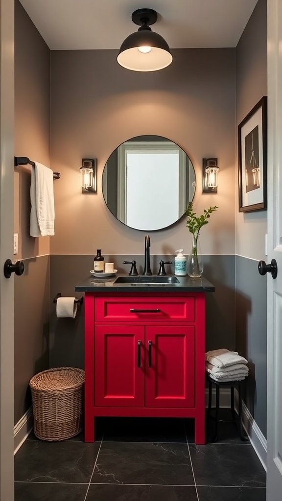 Small bathroom featuring a bold red vanity with gray walls and modern lighting