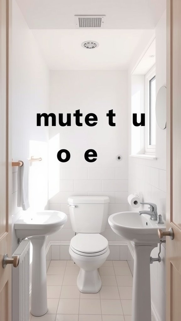 Small bathroom with light color scheme, featuring white walls, light tiles, and natural light