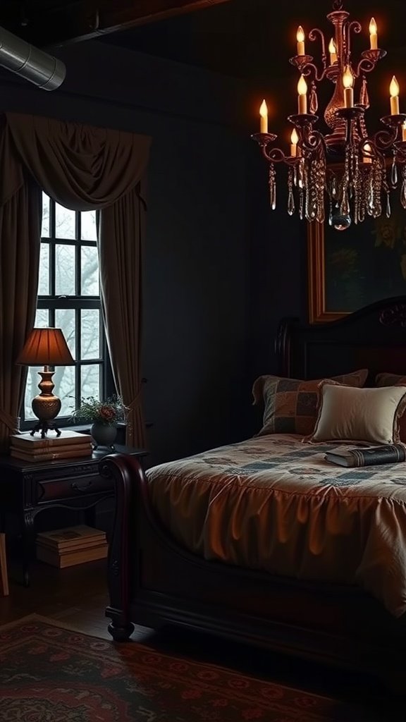 A cozy dark academia bedroom featuring a sleigh bed, warm lighting, and dark decor.