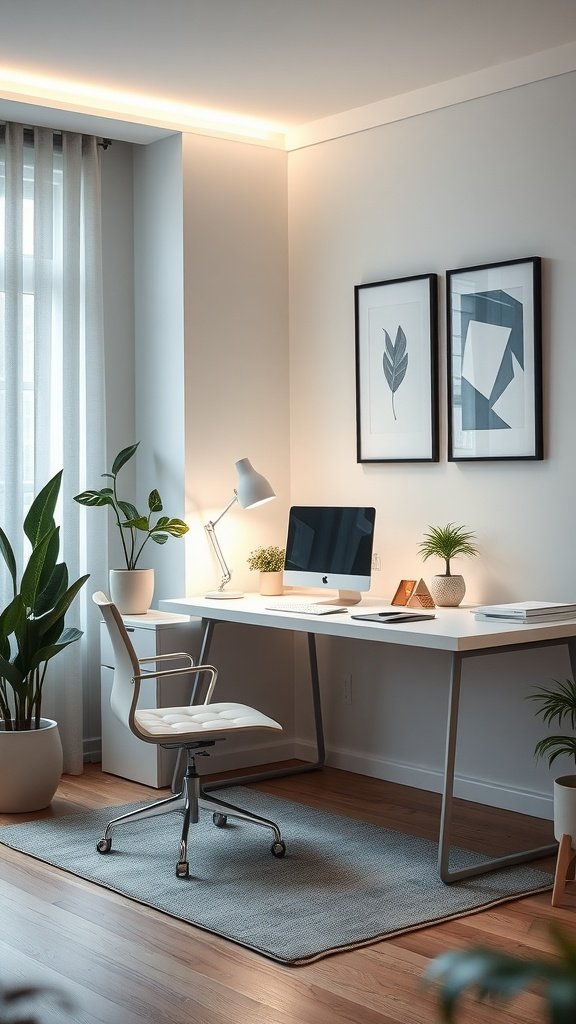 A minimalist home office setup featuring a desk, ergonomic chair, plants, and accent lighting.