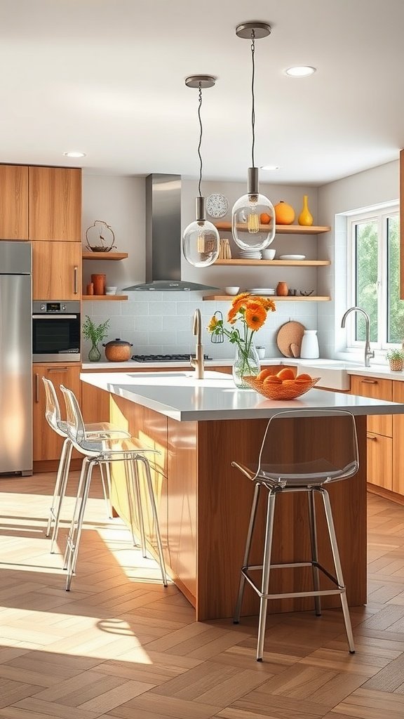 A modern kitchen featuring a peninsula with acrylic bar stools, wooden cabinets, and stylish decor.