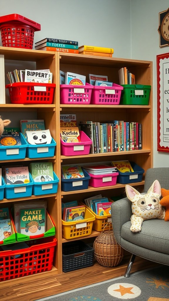 A cozy classroom reading corner with colorful baskets filled with various books and a comfortable chair.