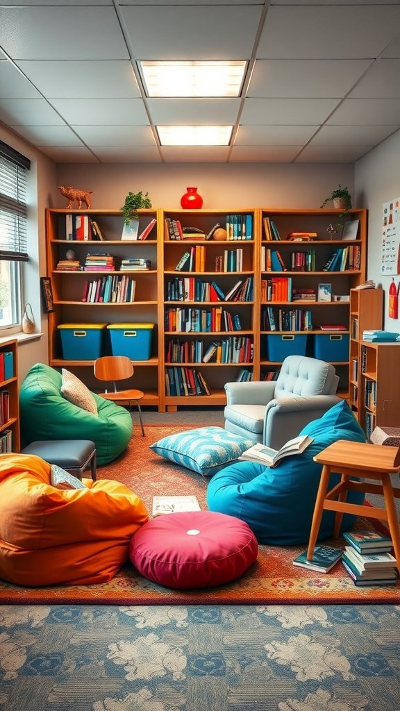 A cozy reading corner in a classroom featuring colorful bean bags, a small armchair, and bookshelves filled with books.