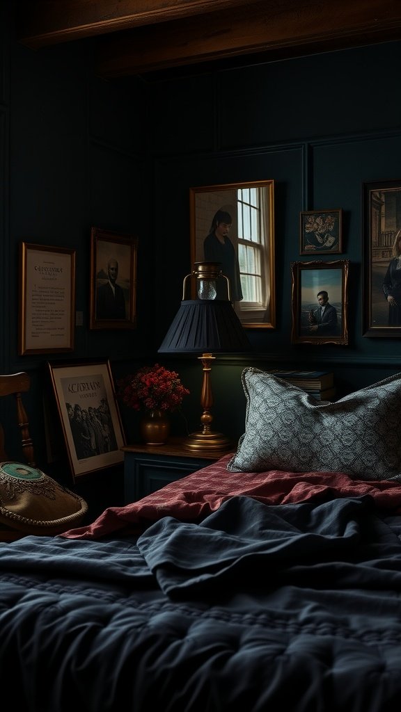 A cozy dark academia bedroom featuring copper accents with a lamp, rich bedding, and framed portraits on the wall.