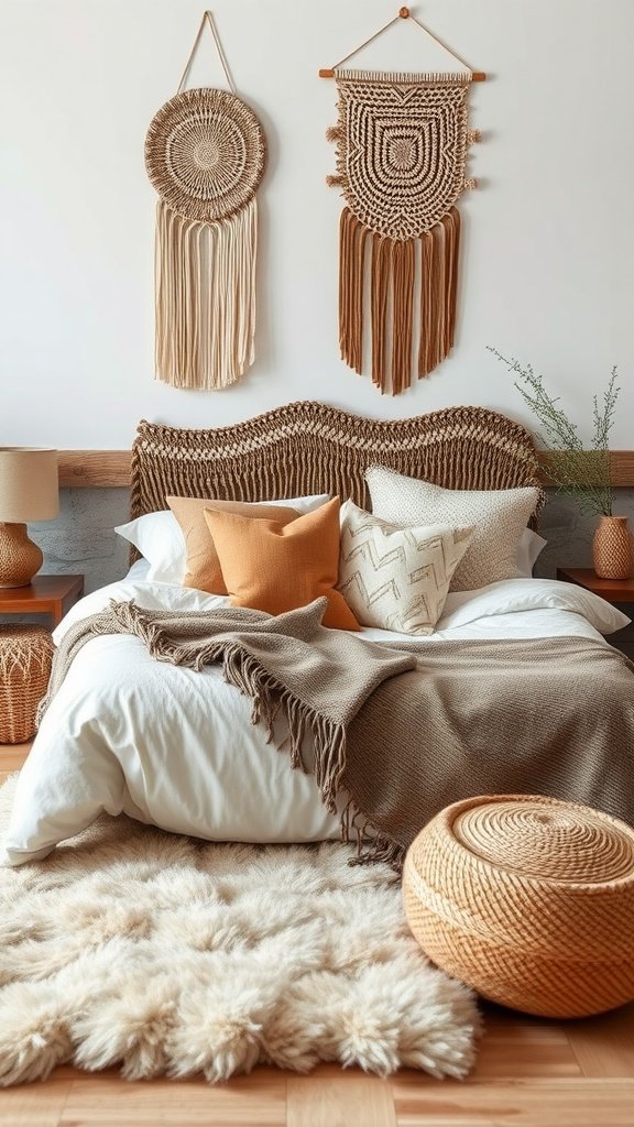 A cozy bohemian bedroom featuring macramé wall hangings, textured pillows, a fluffy rug, and woven decor.