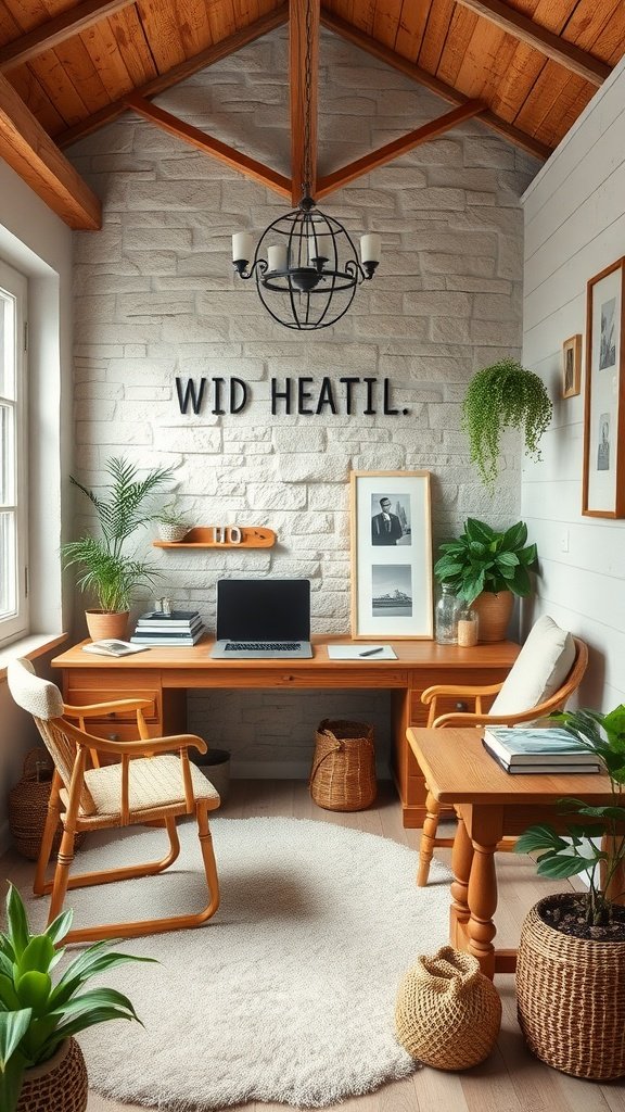 Cozy home office with wooden elements, plants, and natural textures