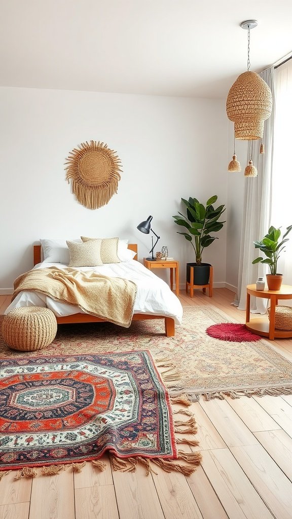 A cozy boho bedroom featuring layered rugs, a bed with soft linens, and natural decor elements.