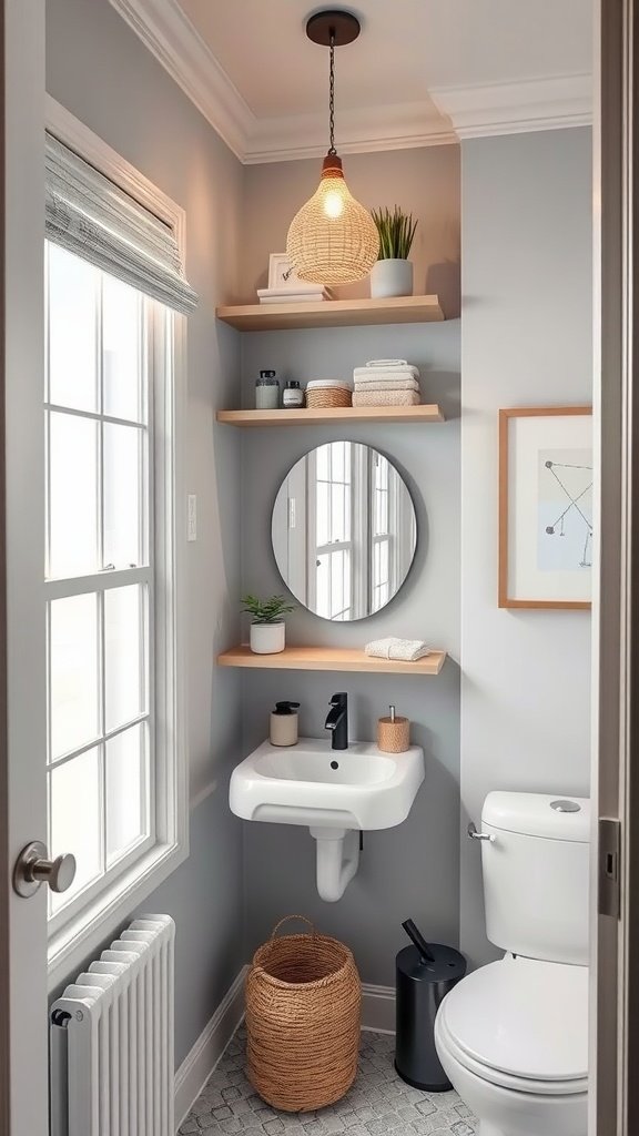 Small bathroom with corner sink, shelves, and decorative items