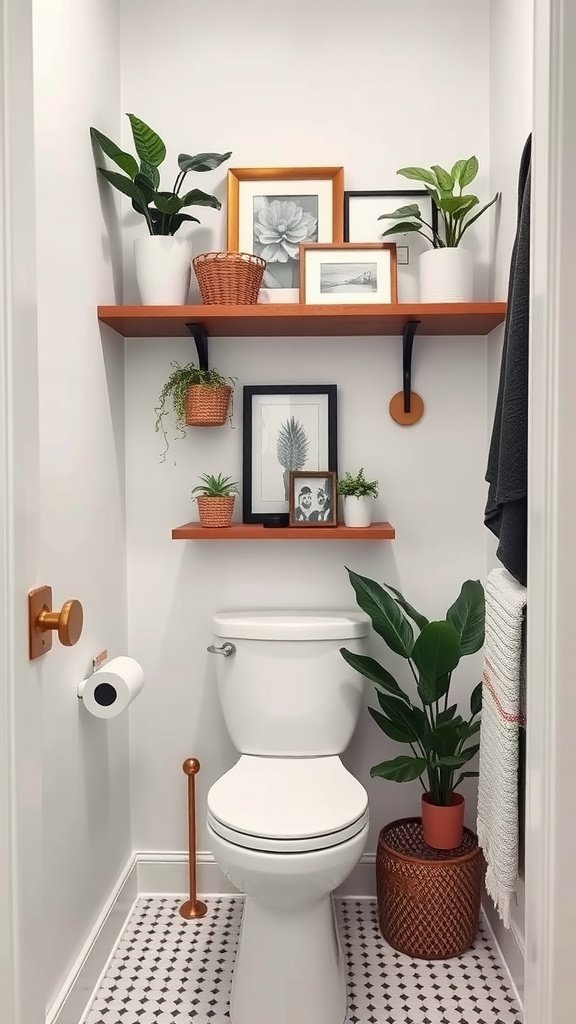 A small bathroom with shelves above the toilet displaying plants and framed pictures.