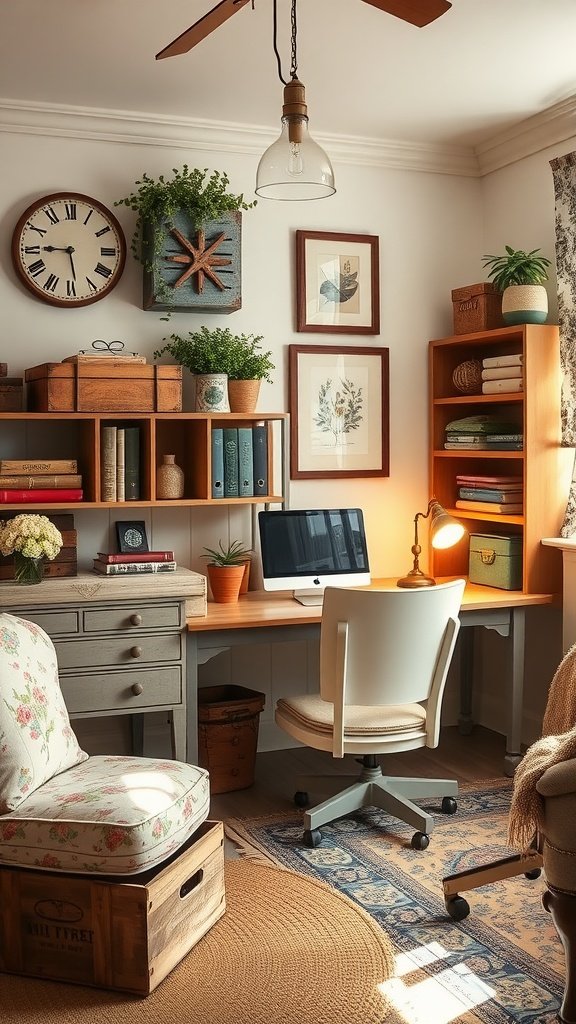 Cozy home office with vintage storage solutions, featuring wooden shelves, plants, and a stylish desk.