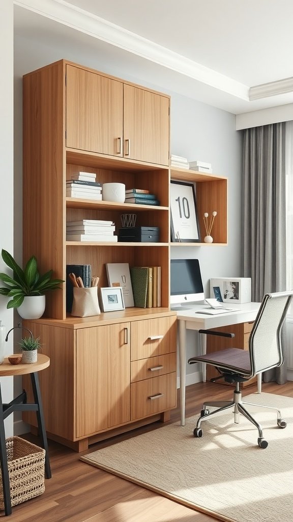 A modern home office featuring a wooden credenza with shelves and cabinets, a desk with a computer, and a comfortable chair.