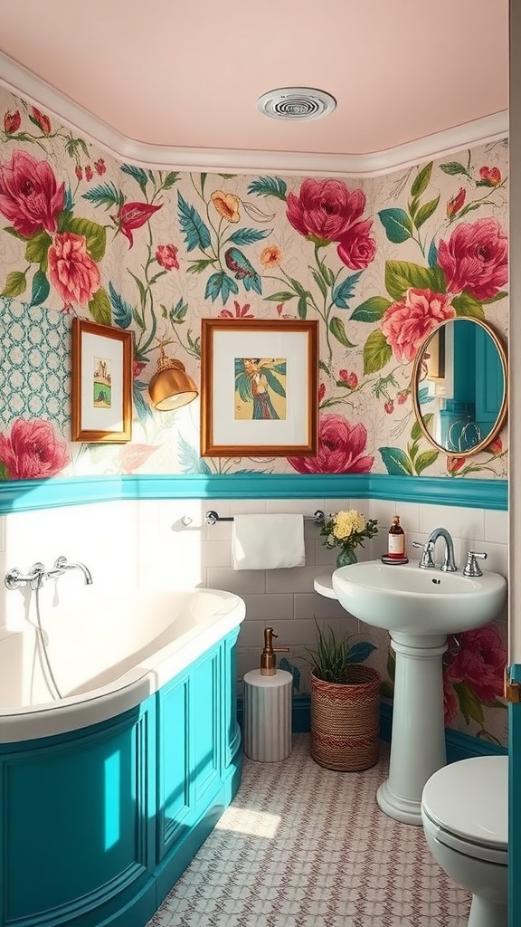 A vibrant bathroom featuring floral wallpaper, turquoise accents, and a pink ceiling.