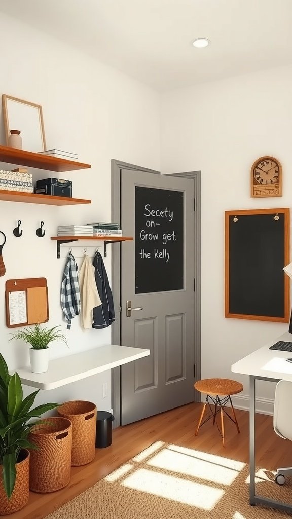 A small home office showcasing wall-mounted shelves, a chalkboard door, and organized storage options.